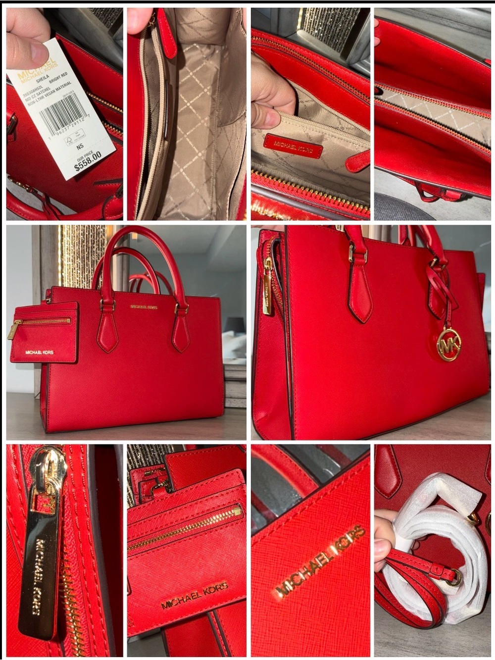 Michael Kors Red Sheila Leather Satchel Tote with Gold Hardware